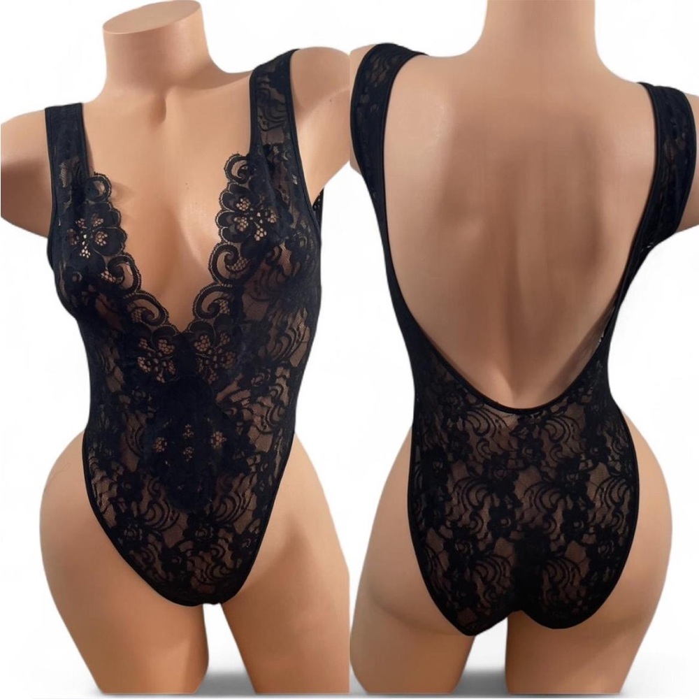 Black Floral Lace Bodysuit Intimates Lingerie Vintage Retro Made in USA Size M